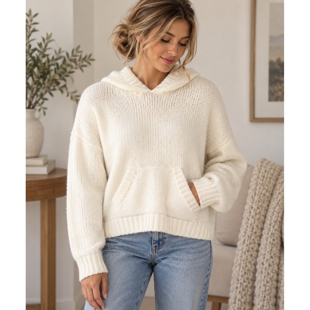 NWT Pilcro Anthropologie Cream Wool Blend Hooded Sweater XS Oversized Cozy